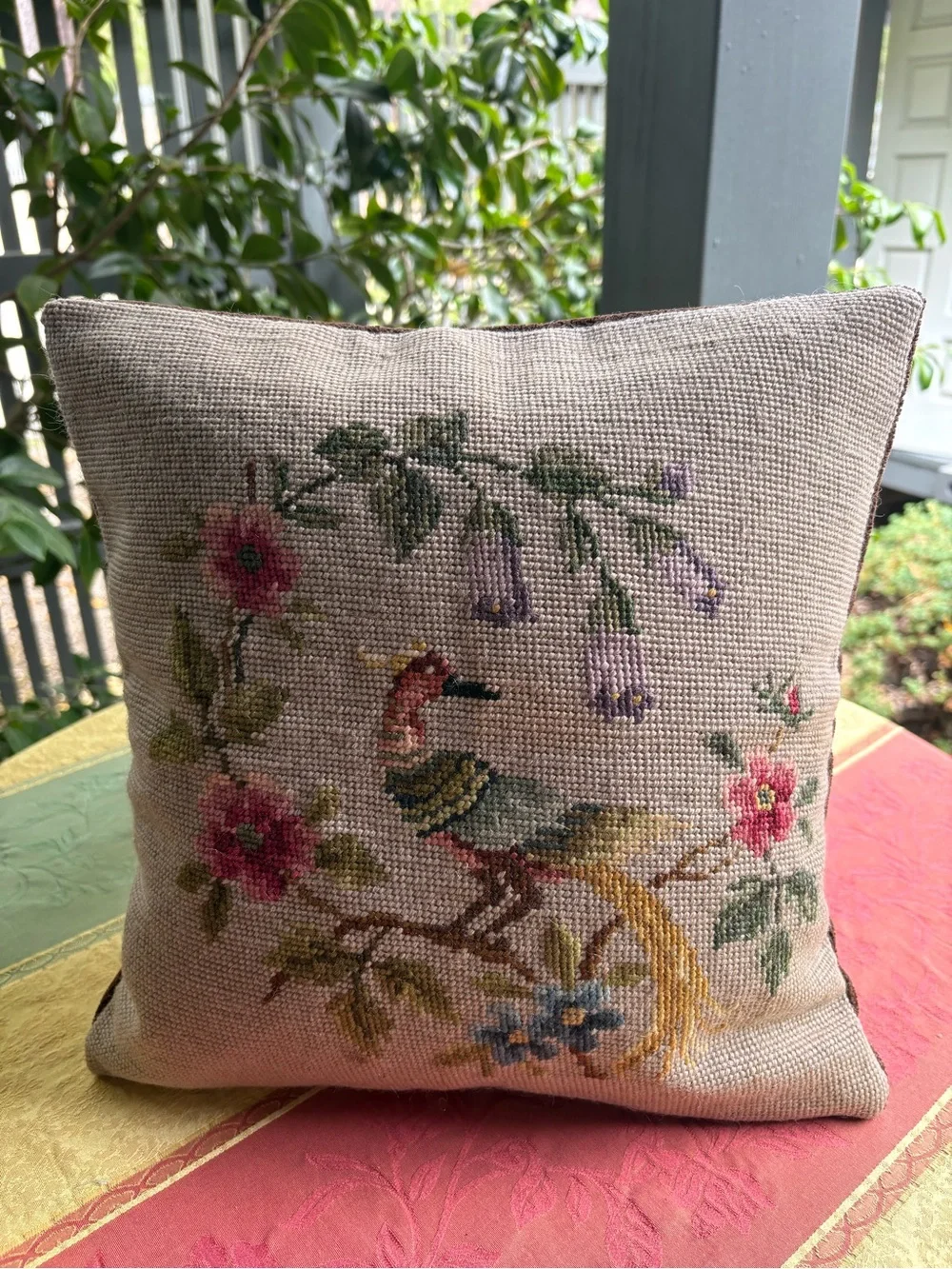 Hand-Embroidered Bird & Floral Needlepoint Pillow Cover - Pastel Colors